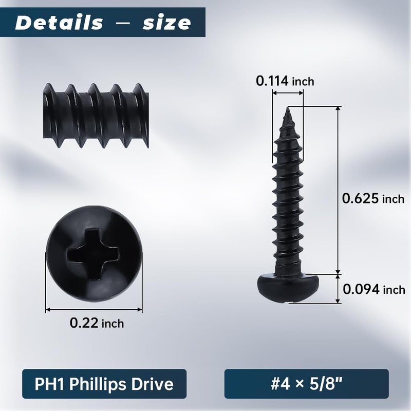 Glvaner #4 x 5/8 inch Phillips Pan Head Self Tapping Screws for Wood, Black Coated, 304 Stainless Steel 18-8, Round Head Sheet Metal Tek Screws, 100 pcs - Image 3
