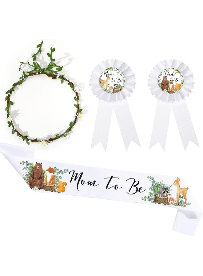 Xinnun Mom to Be Sash for Woodland Baby Shower Mom to Be Daddy to Be Corsage with Sage Green Leaf Crown Kit Woodland Party Favors for Maternity Girl Boy Gender Reveal 4 Pieces - Image 1