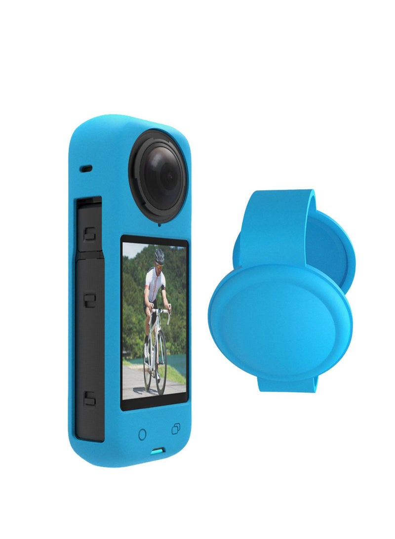 Silicone Protective Case Compatible with Insta360 x4 Panoramic Sports Camera Dustproof Drop-Proof Protective Cover + Lens Cap (Blue) - Image 2