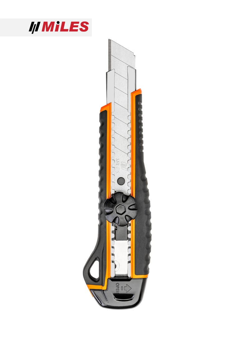 MiLES 18mm Ratchet Lock Cutter Knife with Rubber Grip & Spare Blade Storage - Assorted Colours - Image 1