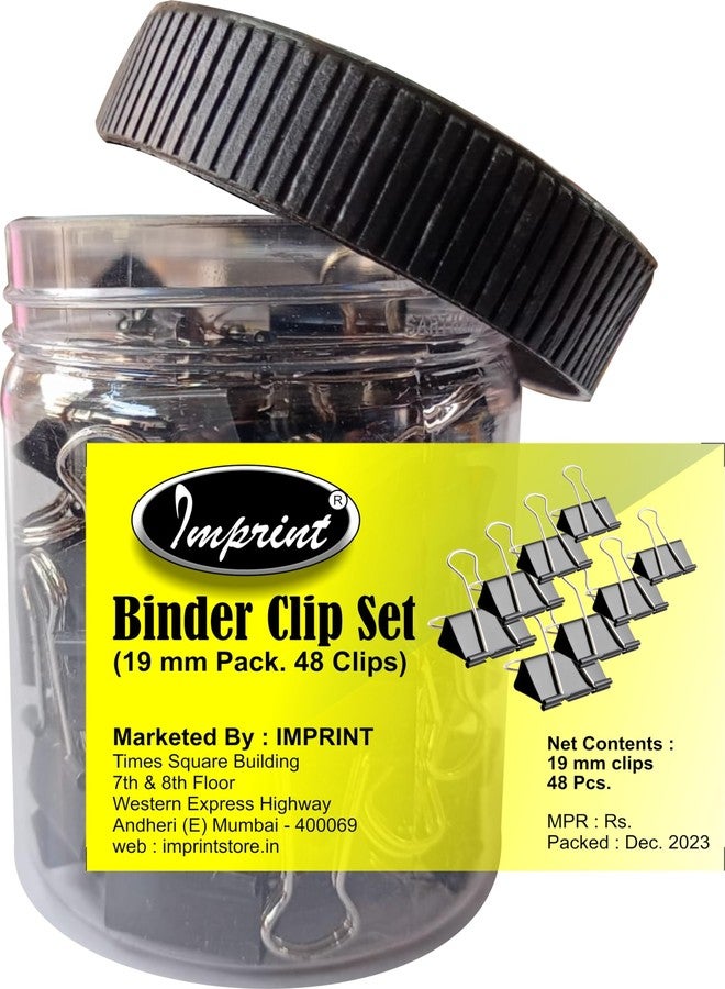 IMPRINT Small Size 19 mm Binder Clips - 1 Pack of 48 Pcs, Metal Binding Clips - Colour Black - Image 1