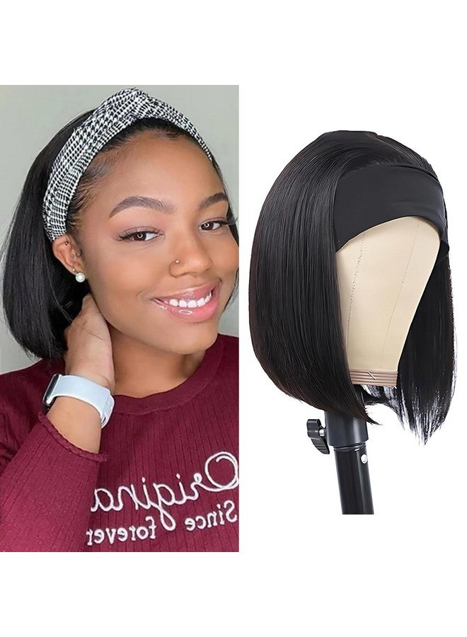 Headband Wig Human Hair Wigs For Black Women Straight Bob Human Hair Headband Wigs None Lace Wig Glueless Short Bob Wigs 100% Brazilian Virgin Hair Wear And Go Wigs Natural Color 12 Inch