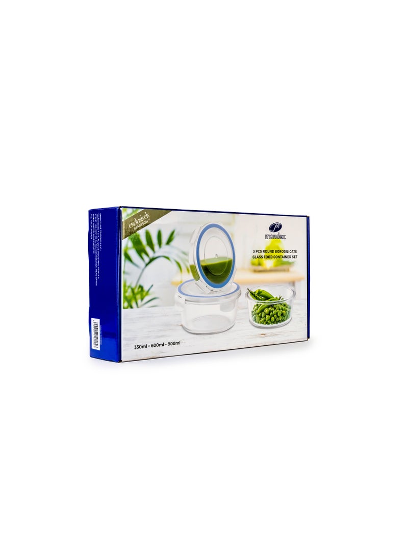 Mondex - 3 pieces round Borosilicate Glass Food Container with lid set 350ml 600ml 900ml Lunch box leak proof Silicone seal Lid - Image 1