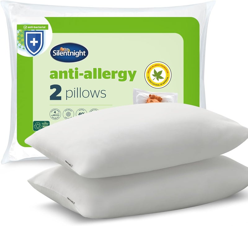 Silentnight Anti-Allergy Pillows 2 Pack – Soft Medium Support Anti Bacterial, Bed Hotel Pillows for Back, Stomach and Side Sleepers, White - Image 1