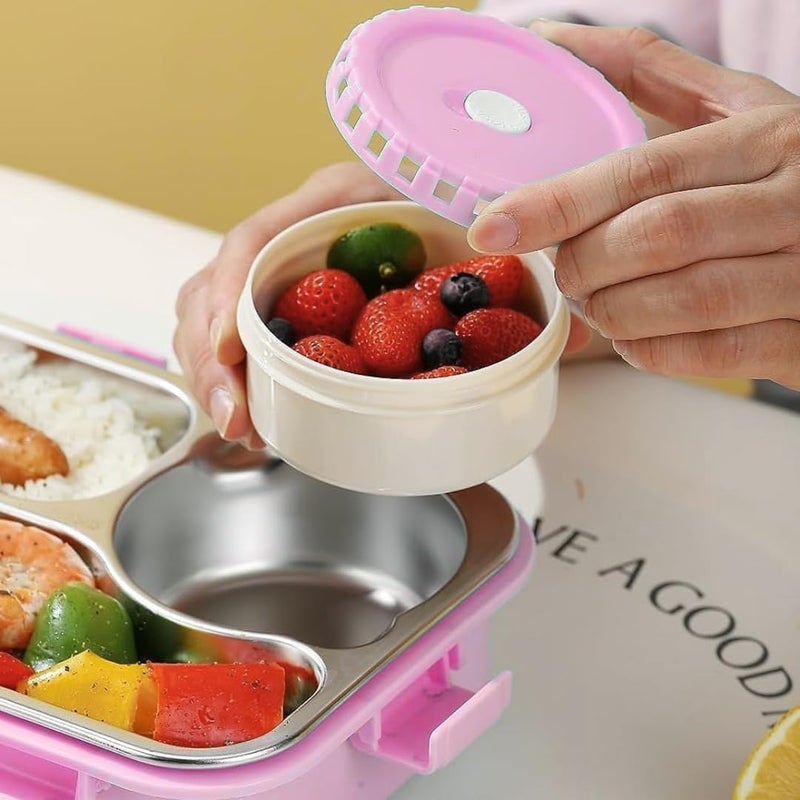 Storio صندوق غداء 3 أقسام 750 مل | علبة غداء مقاومة للتسرب خالية من BPA من الفولاذ المقاوم للصدأ/البلاستيك للأطفال، المدرسة والمكتب | صندوق تيفين مع حاوية صغيرة إضافية | متين وسهل التنظيف - وردي - Image 3