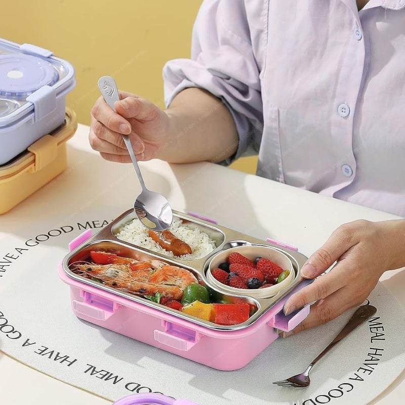 Storio صندوق غداء 3 أقسام 750 مل | علبة غداء مقاومة للتسرب خالية من BPA من الفولاذ المقاوم للصدأ/البلاستيك للأطفال، المدرسة والمكتب | صندوق تيفين مع حاوية صغيرة إضافية | متين وسهل التنظيف - وردي - Image 2