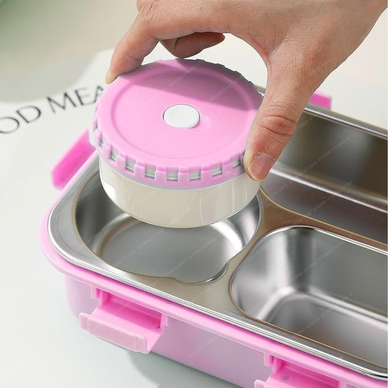 Storio صندوق غداء 3 أقسام 750 مل | علبة غداء مقاومة للتسرب خالية من BPA من الفولاذ المقاوم للصدأ/البلاستيك للأطفال، المدرسة والمكتب | صندوق تيفين مع حاوية صغيرة إضافية | متين وسهل التنظيف - وردي - Image 4