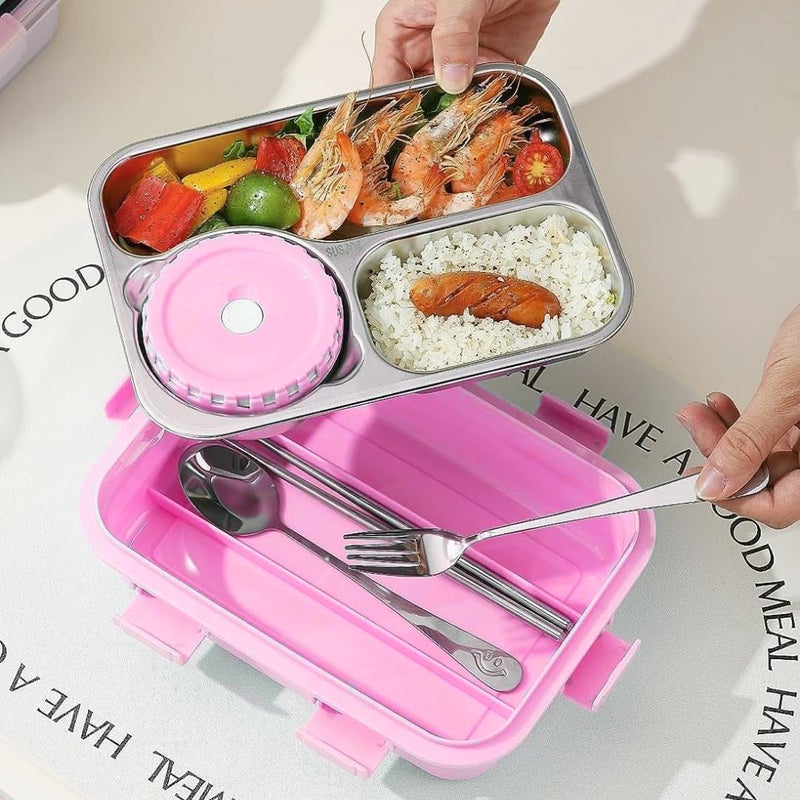 Storio صندوق غداء 3 أقسام 750 مل | علبة غداء مقاومة للتسرب خالية من BPA من الفولاذ المقاوم للصدأ/البلاستيك للأطفال، المدرسة والمكتب | صندوق تيفين مع حاوية صغيرة إضافية | متين وسهل التنظيف - وردي - Image 5