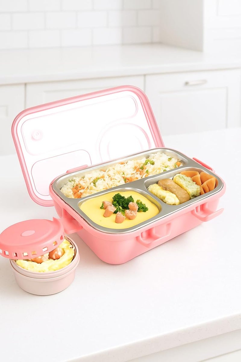 Storio صندوق غداء 3 أقسام 750 مل | علبة غداء مقاومة للتسرب خالية من BPA من الفولاذ المقاوم للصدأ/البلاستيك للأطفال، المدرسة والمكتب | صندوق تيفين مع حاوية صغيرة إضافية | متين وسهل التنظيف - وردي - Image 1