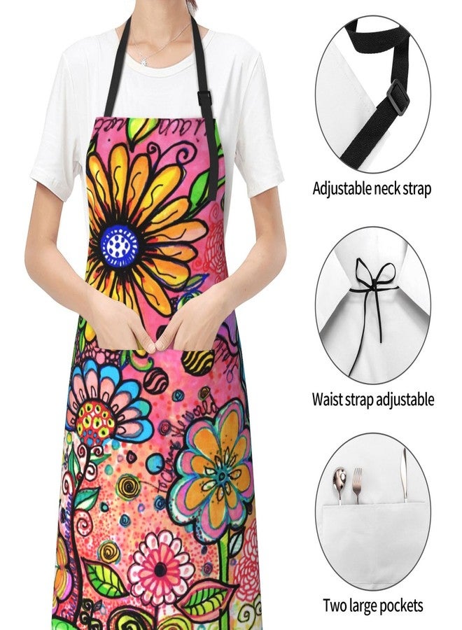 Perinsto Hippie Art Flower Doodles Waterproof Apron With 2 Pockets Kitchen Chef Aprons Bibs For Cooking Baking Painting Gardening Grooming - Image 3