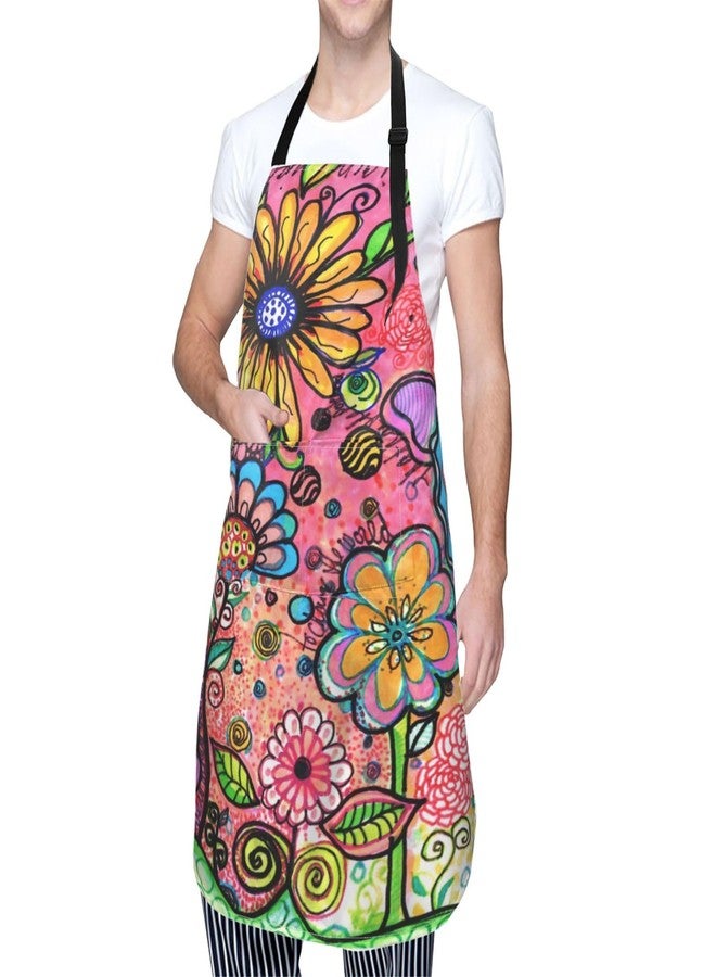 Perinsto Hippie Art Flower Doodles Waterproof Apron With 2 Pockets Kitchen Chef Aprons Bibs For Cooking Baking Painting Gardening Grooming - Image 2