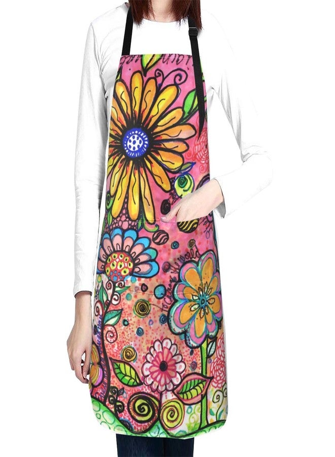 Perinsto Hippie Art Flower Doodles Waterproof Apron With 2 Pockets Kitchen Chef Aprons Bibs For Cooking Baking Painting Gardening Grooming - Image 1