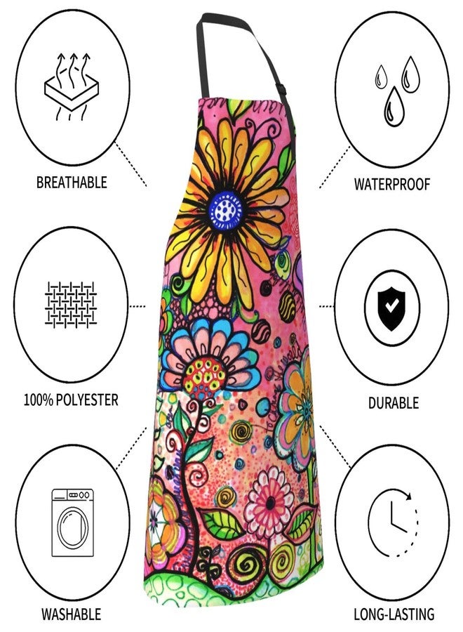 Perinsto Hippie Art Flower Doodles Waterproof Apron With 2 Pockets Kitchen Chef Aprons Bibs For Cooking Baking Painting Gardening Grooming - Image 5
