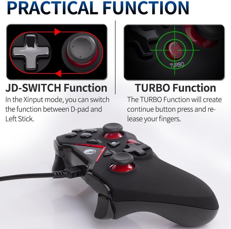 IFYOO V-one Wired USB Gaming Controller Gamepad Joystick for PC (Windows XP/7/8/10/11) & Steam & Android & PS3 - Red - Image 4