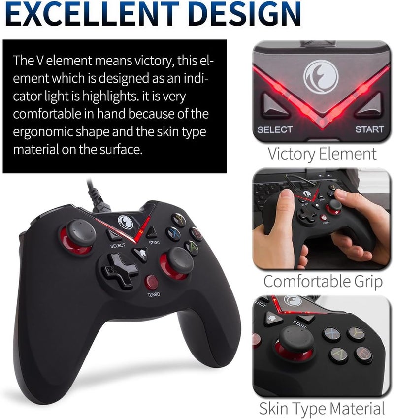 IFYOO V-one Wired USB Gaming Controller Gamepad Joystick for PC (Windows XP/7/8/10/11) & Steam & Android & PS3 - Red - Image 3