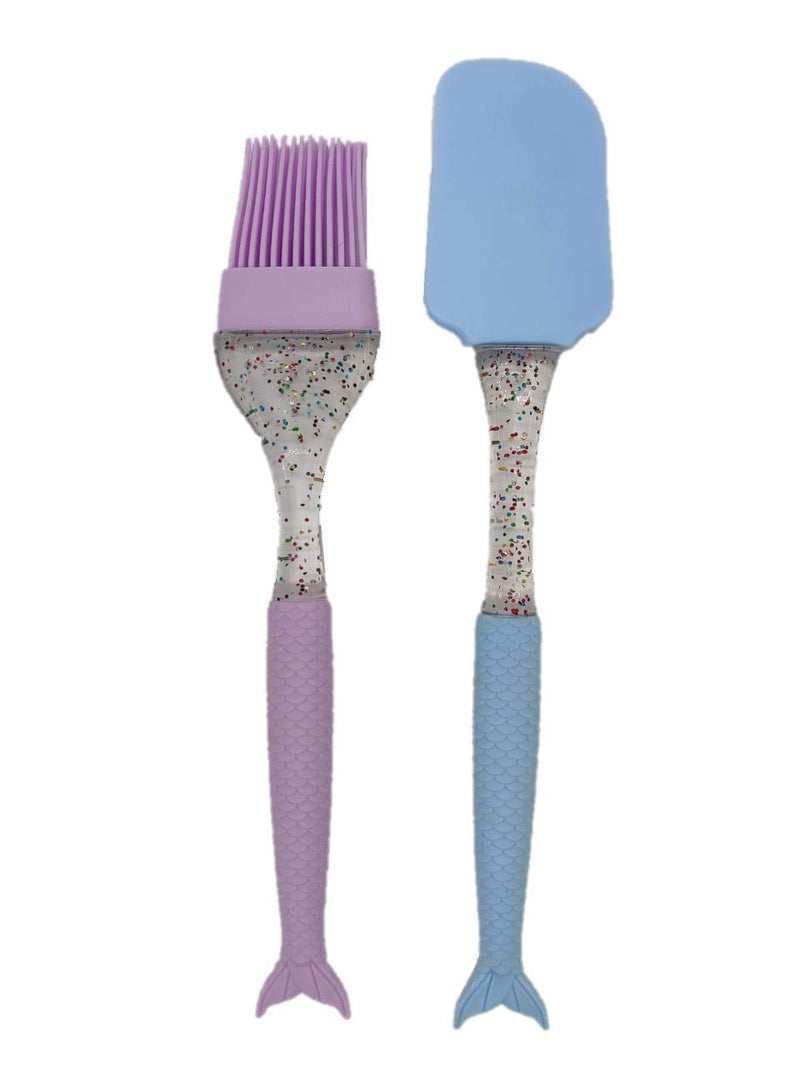 CherryBox CherryBox Unique Shark Tail Design Silicone Spatula and Pastry Brush Set with Glitter Special for Cake Mixer Cooking Baking Glazing Multicolor Blue Purple  - Image 1