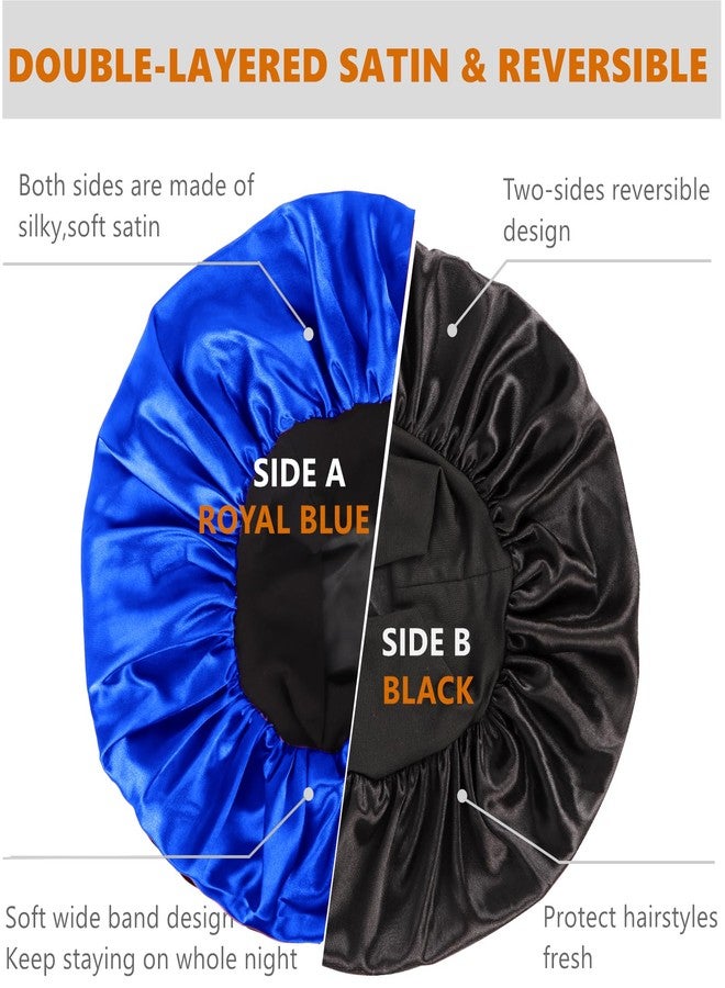 هيموسويس قبعة نوم للرجال، قبعة نوم للشعر، قبعات ساتان مزدوجة الطبقات للنساء ذوات الشعر الأسود المجعد والضفائر، قبعة نوم قابلة للعكس (كبيرة، أسود/أزرق ملكي) - Image 2