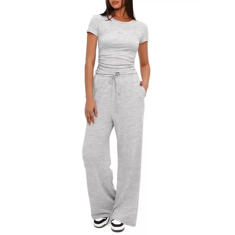 2025 and Women''s Two-Piece Casual Set with Ruched Fashion Short-Sleeve Top and Wide-Leg Pants - Image 4