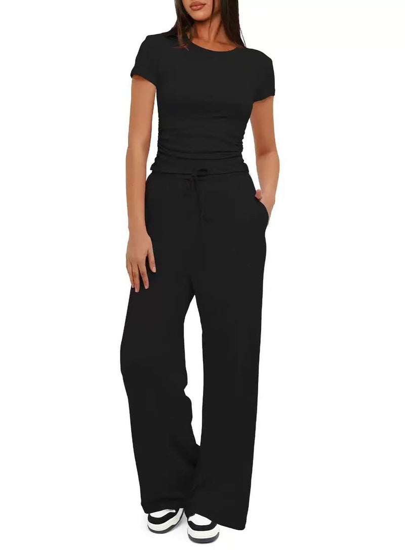 2025 and Women''s Two-Piece Casual Set with Ruched Fashion Short-Sleeve Top and Wide-Leg Pants - Image 1