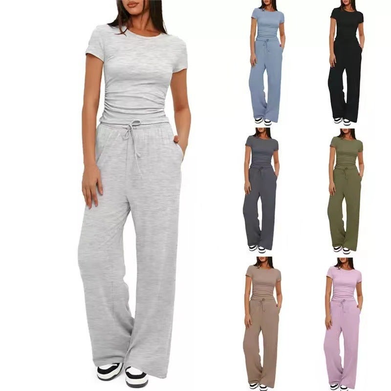 2025 and Women''s Two-Piece Casual Set with Ruched Fashion Short-Sleeve Top and Wide-Leg Pants - Image 2