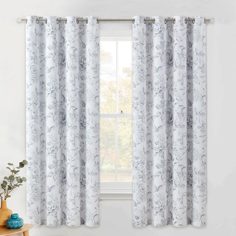 Beauoop Floral 100 Blackout Curtains 63 Inches Long 2 Panels for Bedroom Living Room Grey White Farmhouse Rose Flower Patterned Room Darkening Thermal Grommet Top Window Treatments Drapes 50X63