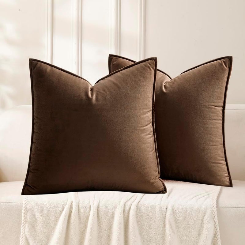 VAKADO Throw Pillow Covers 20x20 Set of 2 Brown Velvet Decor Decorative Couch Cushion Euro with Fringe Pillowcases Home Bed Decoration for Sofa Bedroom Office Indoor - Image 1