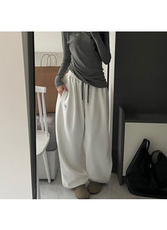 Generic Pure Cotton Fleece-Lined Grey American Style Casual Sweatpants Womens Autumn Winter Loose-Fit High-Waisted Wide-Legged Pants White (Silver Fox Velvet) 
