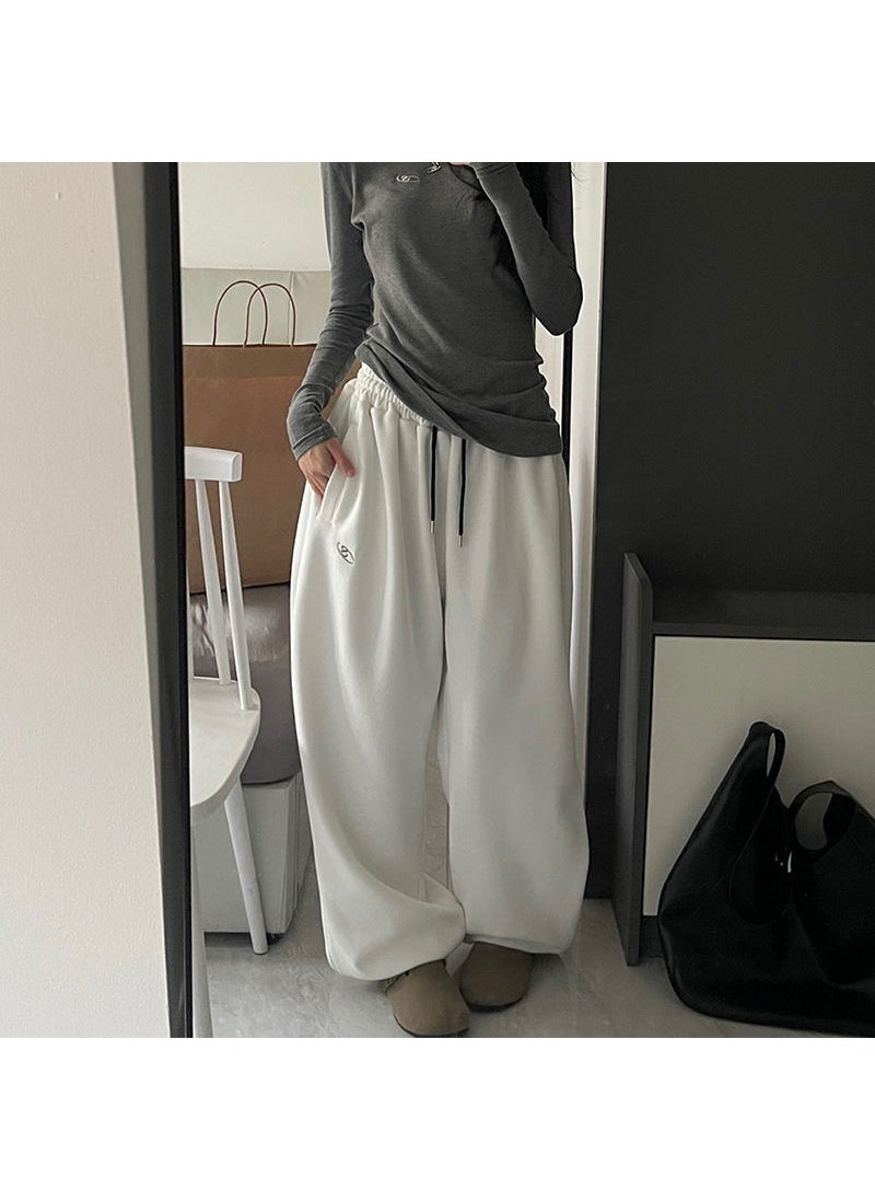 Generic - Pure Cotton Fleece-Lined Grey American Style Casual Sweatpants Womens Autumn Winter Loose-Fit High-Waisted Wide-Legged Pants White (Silver Fox Velvet) - Image 1