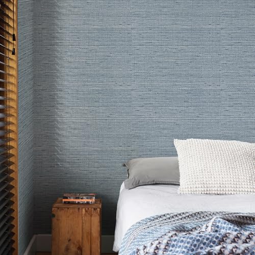 Simon&Siff SimonSiff Grey Blue Textured Grasscloth Peel and Stick Wallpaper 177x394 Faux Grassweave Wallpaper Waterproof Self Adhesive Removable Wallpaper Mural for Home Decor Bedroom Kitchen Cabinet - Image 1