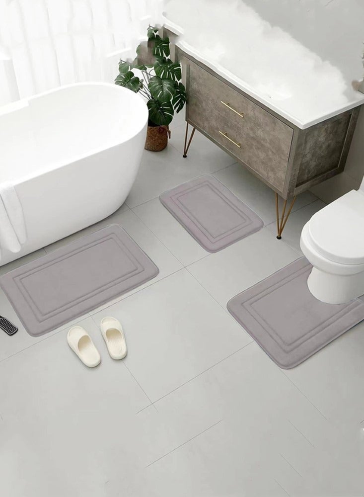 Kutis 3-Pieces Bathroom Coral Velvet Floor Mat Suit Absorbent Anti-Slip Toilet Carpet Set Grey - Image 1