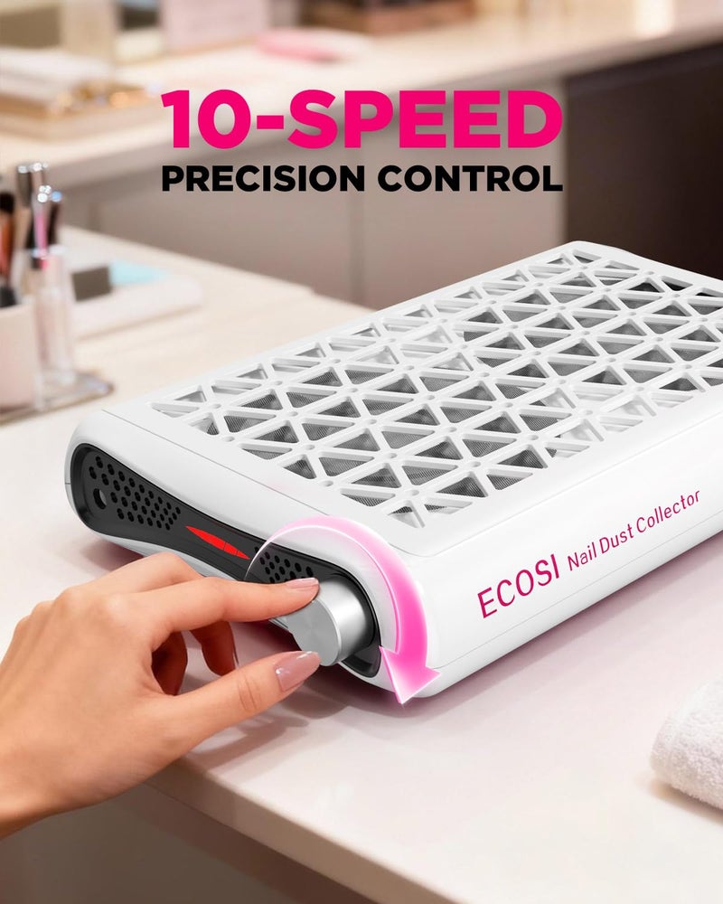 ECOSI Nail Dust Collector, 8000RPM & 1600PA Dual Turbo Professional Vacuum Fan Dust Extractor with 30 Pcs Filter Papers, Stepless Adjustable Suction for Manicure, Salon Nail Tech & Home (White) - Image 4