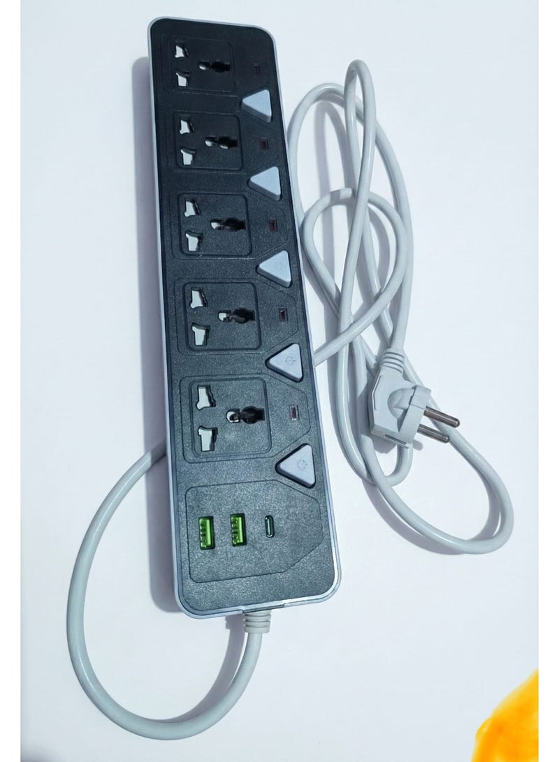 مشترك كهرباء Floson بـ 5 مخارج + 2 USB بطول 2 متر – قدرة 2500 وات – زرار تشغيل لكل مخرج