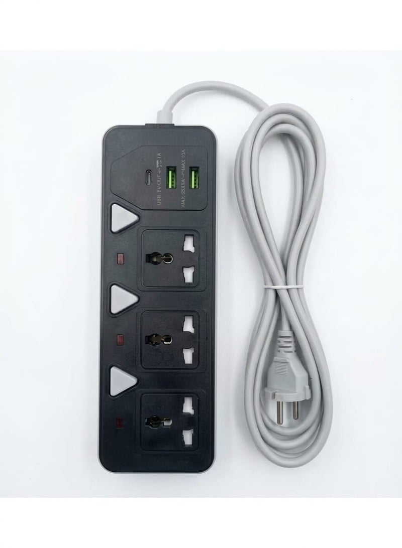 موزع طاقة بثلاثة منافذ + منفذي USB، بطول مترين – قدرة 2500 واط – مفتاح تشغيل/إيقاف لكل منفذ
