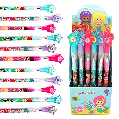 TINYMILLS 24 Pcs Mermaids Multi Point Stackable Push Pencil Assortment with Eraser for Shark Birthday Party Favor Prize Carnival Goodie Bag Stuffers Classroom Rewards Pinata Fillers - Image 1