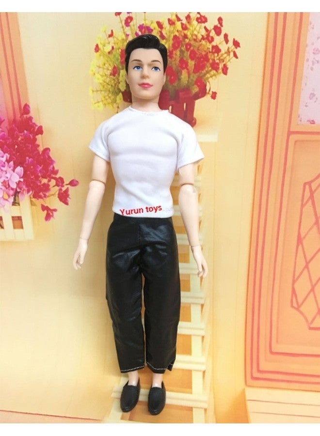 Men's Ken Dress Doll Clothes Prince Ken Suit Sportswear Top Pants Shirt Two-Piece Set Boys-Color:White Coat + Black Pants +11 Joints + Head + Shoes - Image 1