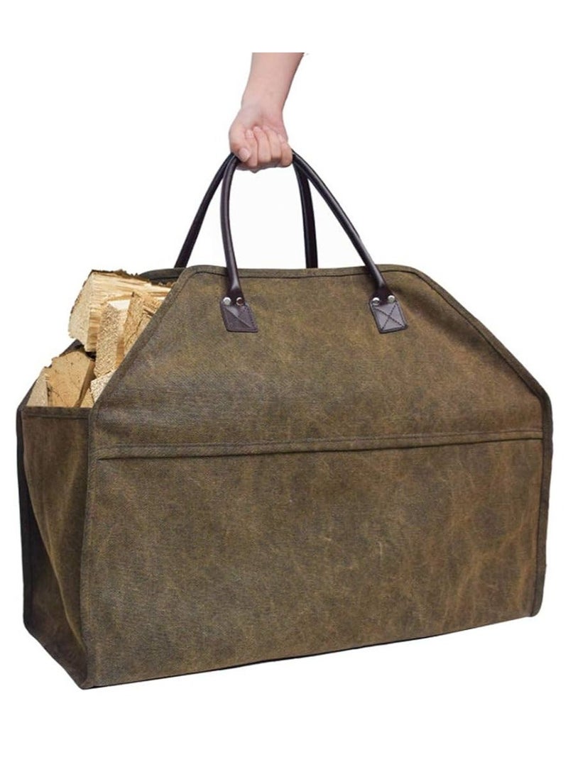 Firewood carrier waxed canvas bag for carrying logs with handle, heavy duty log holder for fireplace wood stove accessories for camping indoor and outdoor BBQ, firewood bag, log carry bag, camping wood bag, camping bag, azbah bag, fireplace bag, firewood storage bag, wood carry tote, fireplace storage bag, waterproof bag, outdoor bag, multipurpose bag, travel bag, garden bag, outdoor stove bag, heavy duty bag, strong handle bag, desert bag, large storage bag, outdoor use bag - Image 1