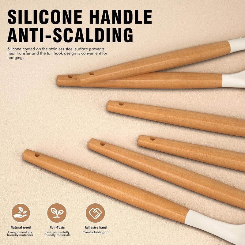 AVGPD Silicone Cooking Utensils Set - Silicone Kitchen Utensils for Cooking Wooden Handles, 446°F Heat Resistant Kitchen Utensil Spatula Sets w Holder, Gadgets for Non-Stick Cookware BPA FREE (Cream White) - Image 5