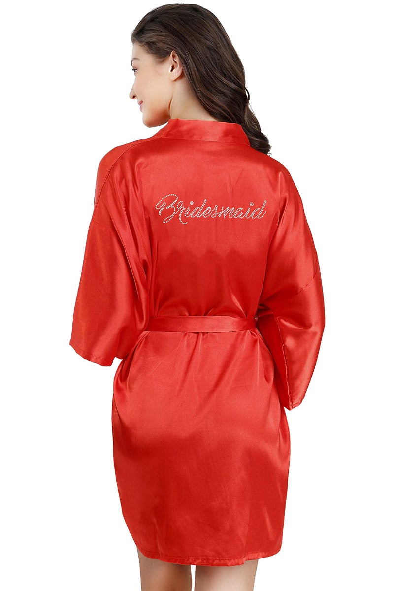 EPLAZA Women's One Size Silver Rhinestones Bride Bridesmaid Short Satin Robes for Wedding Party Getting Ready (red, Bridesmaid) - Image 2