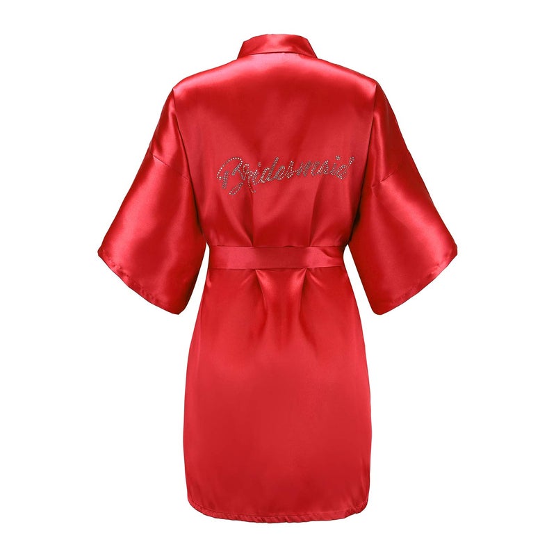 EPLAZA Women's One Size Silver Rhinestones Bride Bridesmaid Short Satin Robes for Wedding Party Getting Ready (red, Bridesmaid) - Image 1