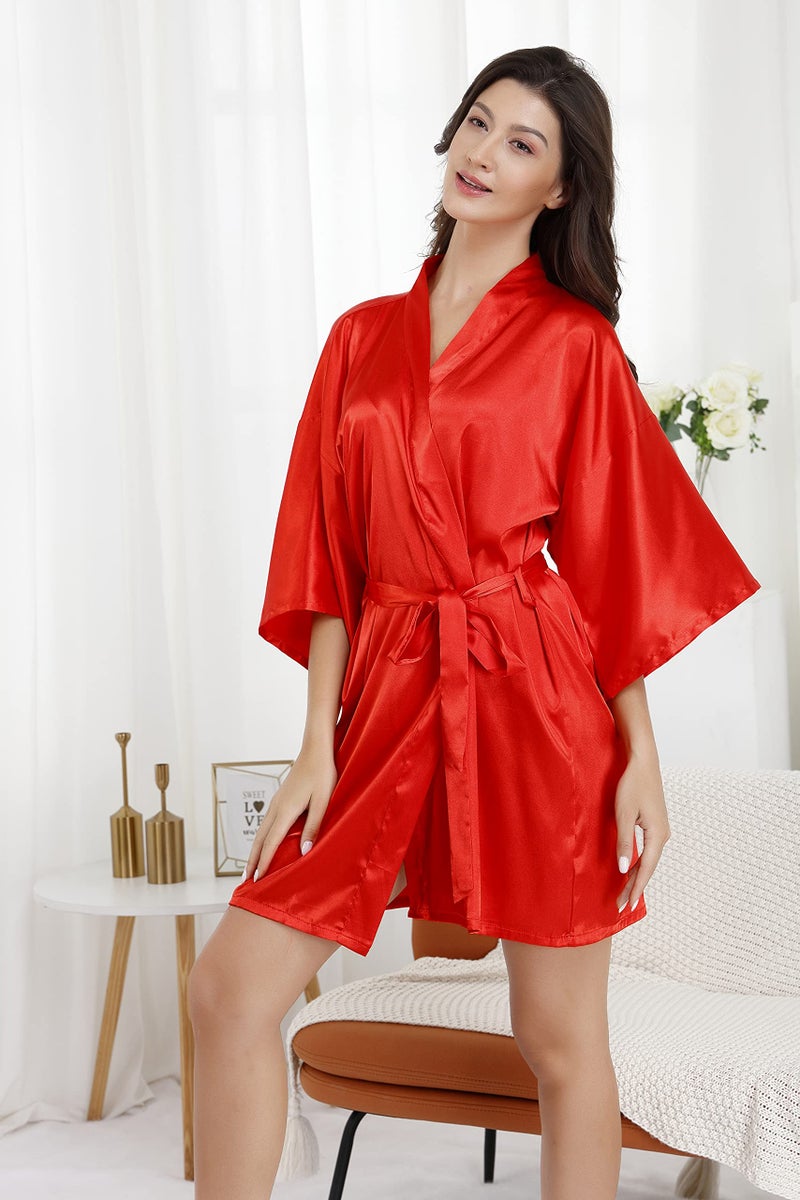 EPLAZA Women's One Size Silver Rhinestones Bride Bridesmaid Short Satin Robes for Wedding Party Getting Ready (red, Bridesmaid) - Image 5