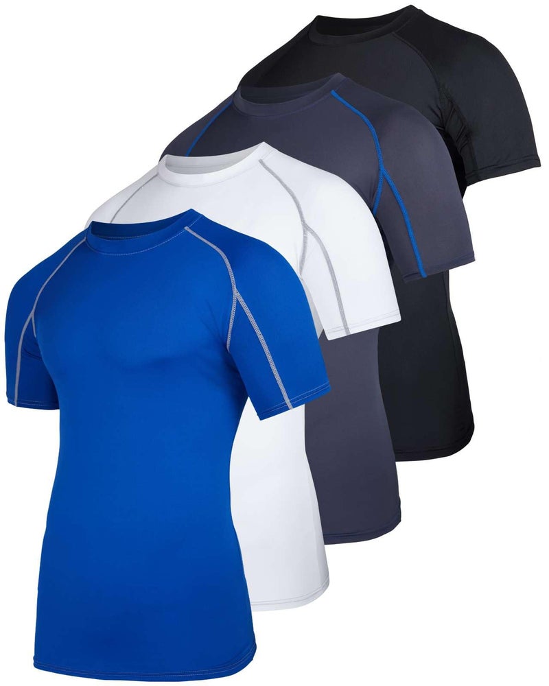 REALESSENTIALS 4 Pack: Mens Short Sleeve Shirts Compression Base Layer Tight Thermal Undershirt Slimming Black Active Fitness Athletic T-Shirt Quick Dry Fit Workout Sports Rashguard Gym Running Top, Set 5,L - Image 1