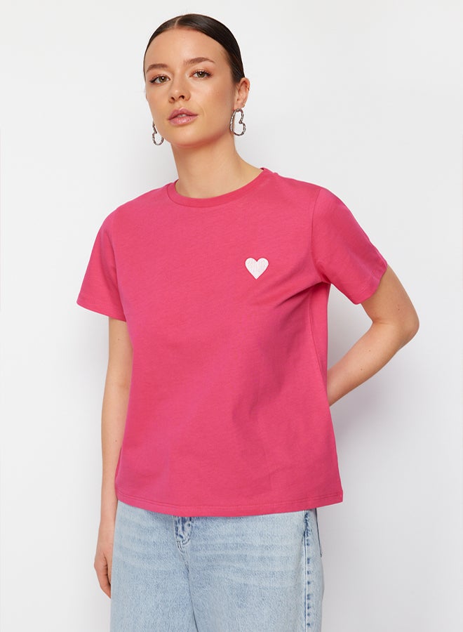 trendyol Pink 100 Cotton Leaf/Glossy Heart Embroidery Regular/Regular Fit Knitted T-Shirt TWOSS24TS00124 - Image 1