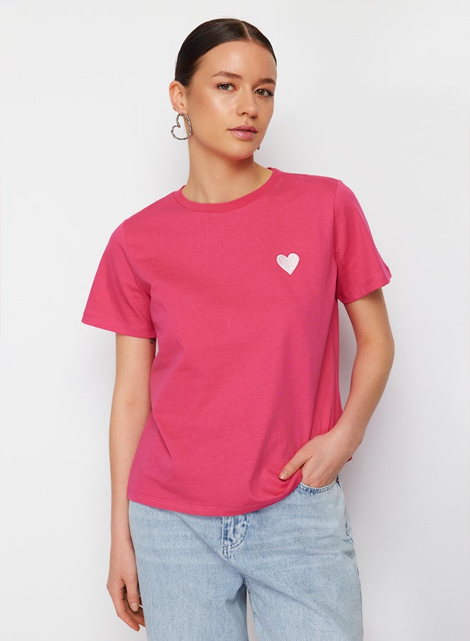 trendyol Pink 100 Cotton Leaf/Glossy Heart Embroidery Regular/Regular Fit Knitted T-Shirt TWOSS24TS00124 - Image 4