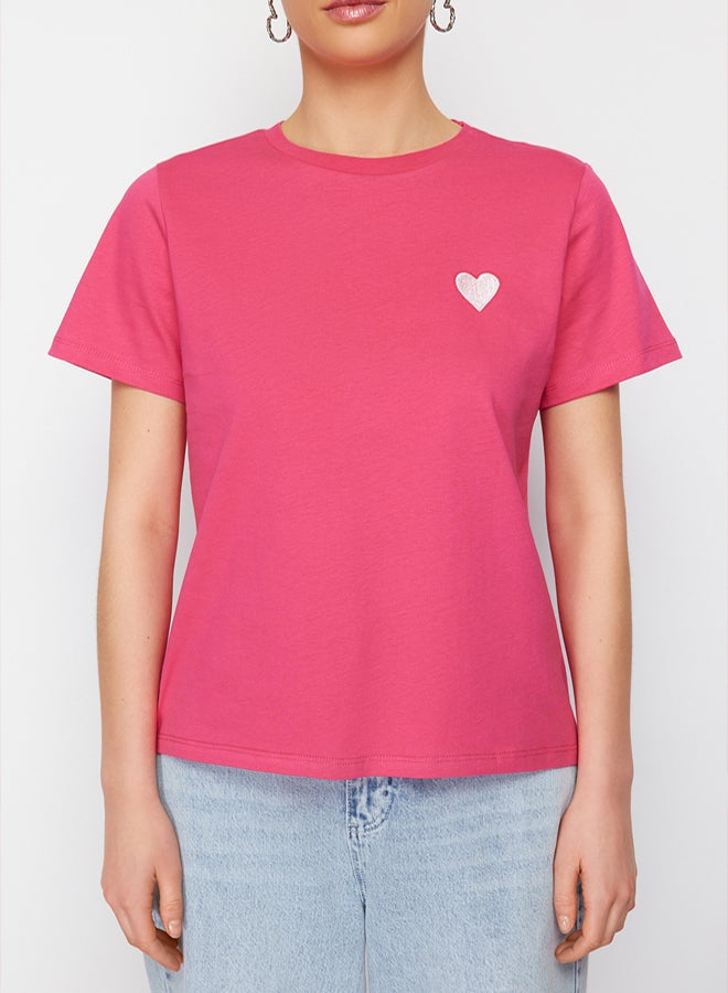 trendyol Pink 100 Cotton Leaf/Glossy Heart Embroidery Regular/Regular Fit Knitted T-Shirt TWOSS24TS00124 - Image 5