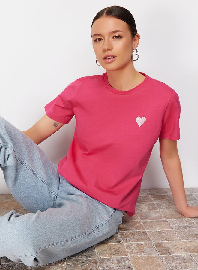 trendyol Pink 100 Cotton Leaf/Glossy Heart Embroidery Regular/Regular Fit Knitted T-Shirt TWOSS24TS00124 - Image 3