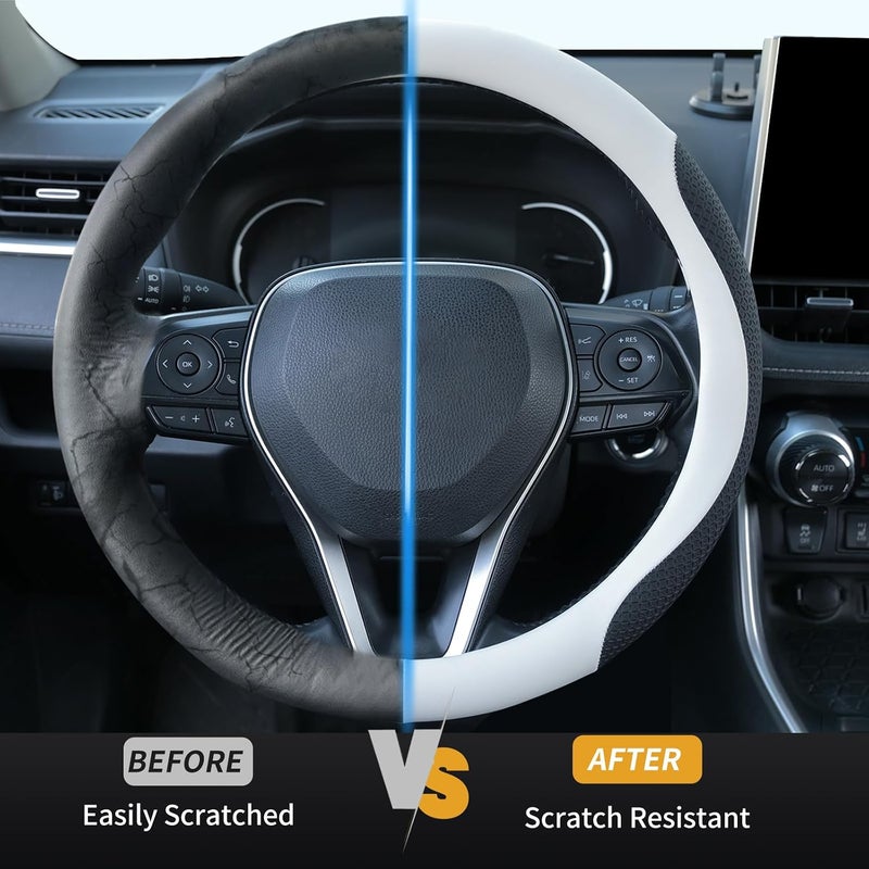 Uxcer Nappa Leather Steering Wheel Cover, Universal 14.5–15 Inch Non-Slip Breathable Steering Wheel Cover for Cars, White - Image 3