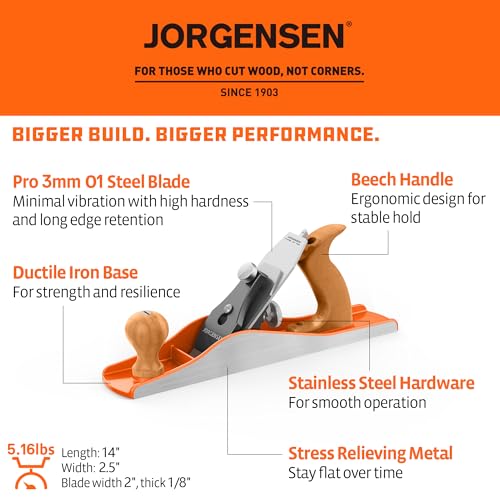 JORGENSEN No.5 Wood Planer, Hand Planer for Woodworking, Jack Plane for Flattening, Smoothing - Professional Hand Plane with Ductile Iron Body, Adjustable Cutting Depth, Ergonomic Handle - Image 2