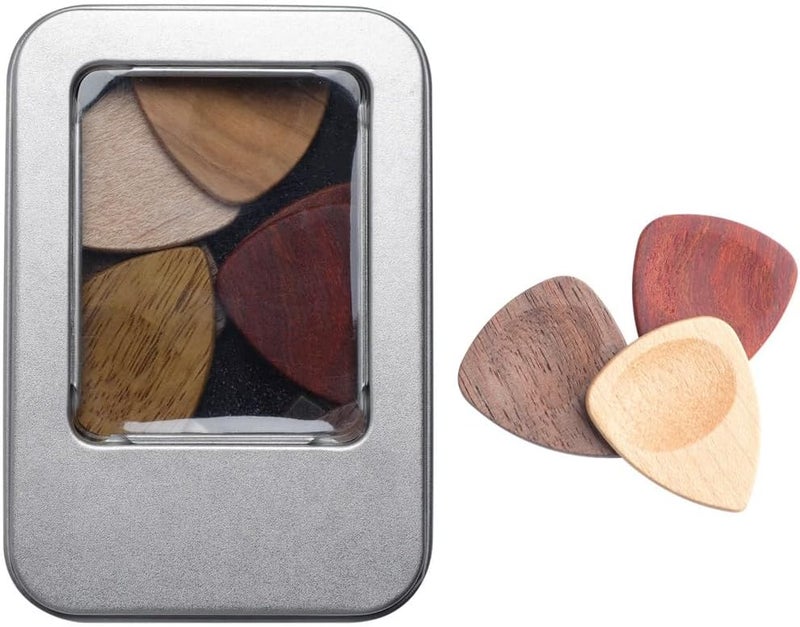 Wooden Guitar Picks Set, 10-Pack Bass Plectrums With Iron Storage Box For Electric, Acoustic Guitars, Bass - Image 1