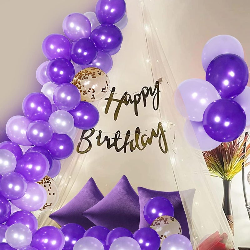 TOYXE Happy Birthday Net Canopy Tent LED lights Balloons Paper Banner For Decoration Purple Set of 50 Pieces - Image 1