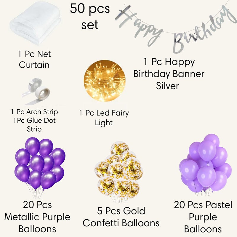 TOYXE Happy Birthday Net Canopy Tent LED lights Balloons Paper Banner For Decoration Purple Set of 50 Pieces - Image 2